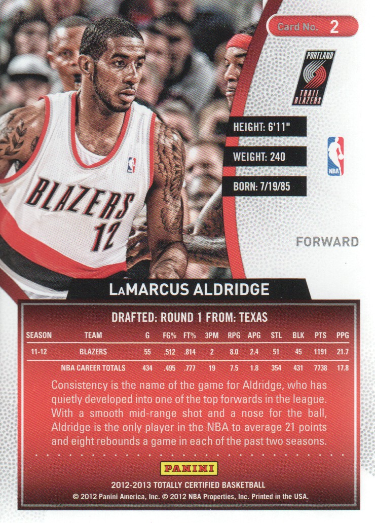 2012-13 Totally Certified #2 LaMarcus Aldridge back image