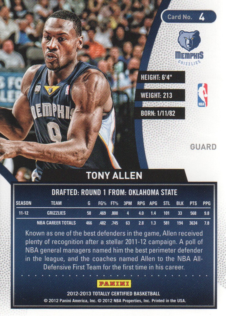 2012-13 Totally Certified #4 Tony Allen back image