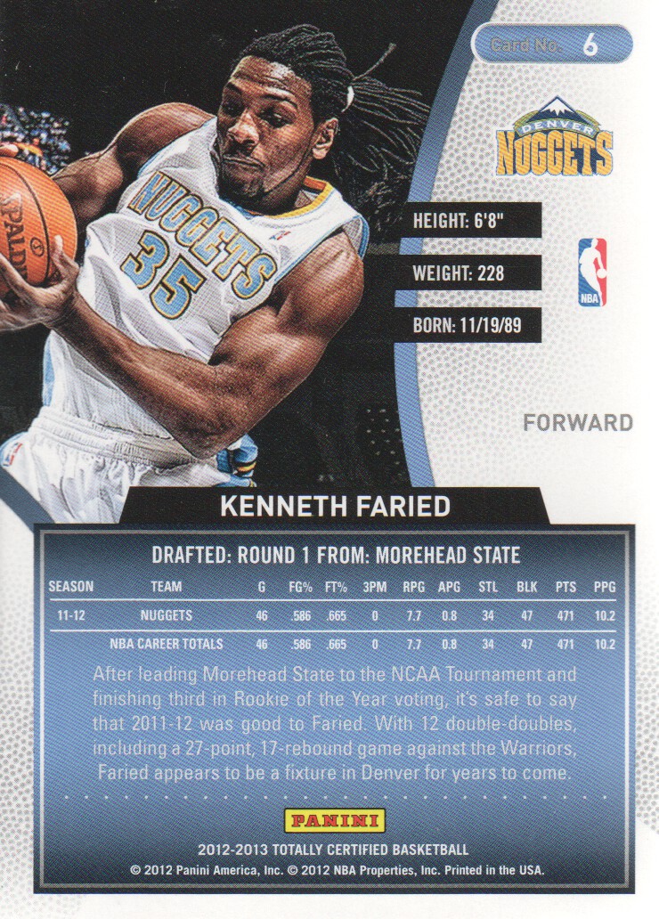2012-13 Totally Certified #6 Kenneth Faried RC back image