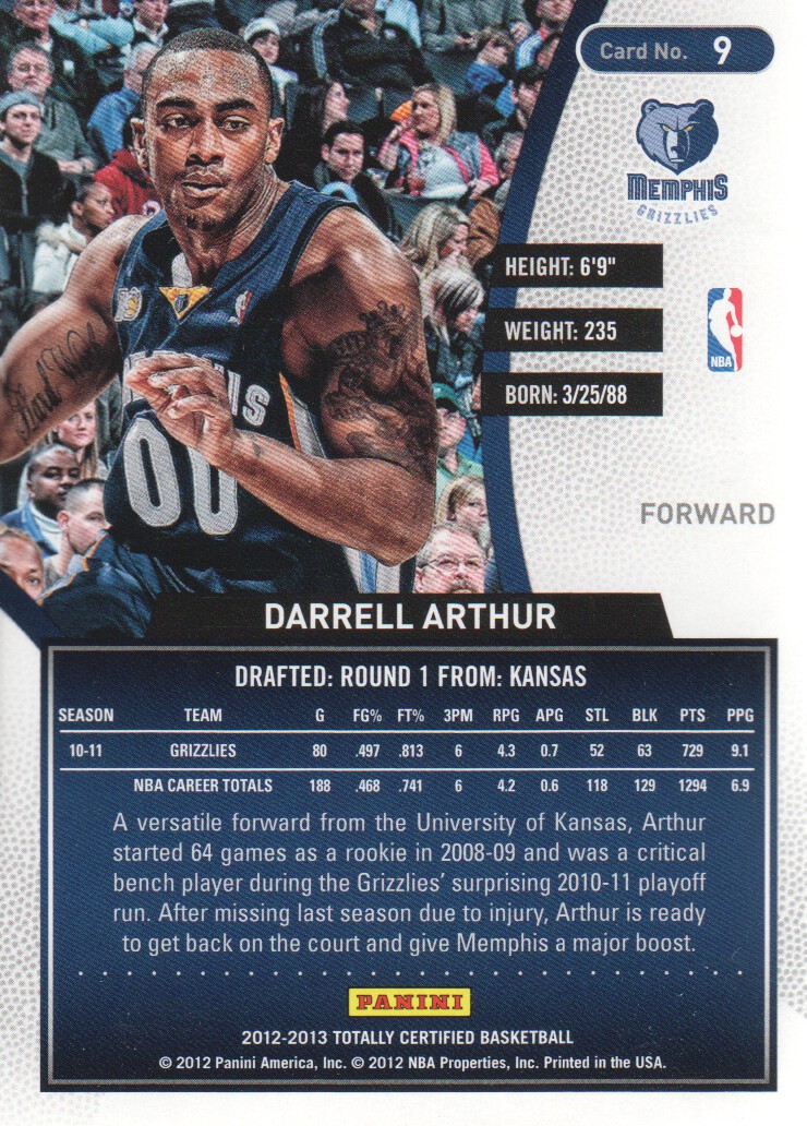 2012-13 Totally Certified #9 Darrell Arthur back image