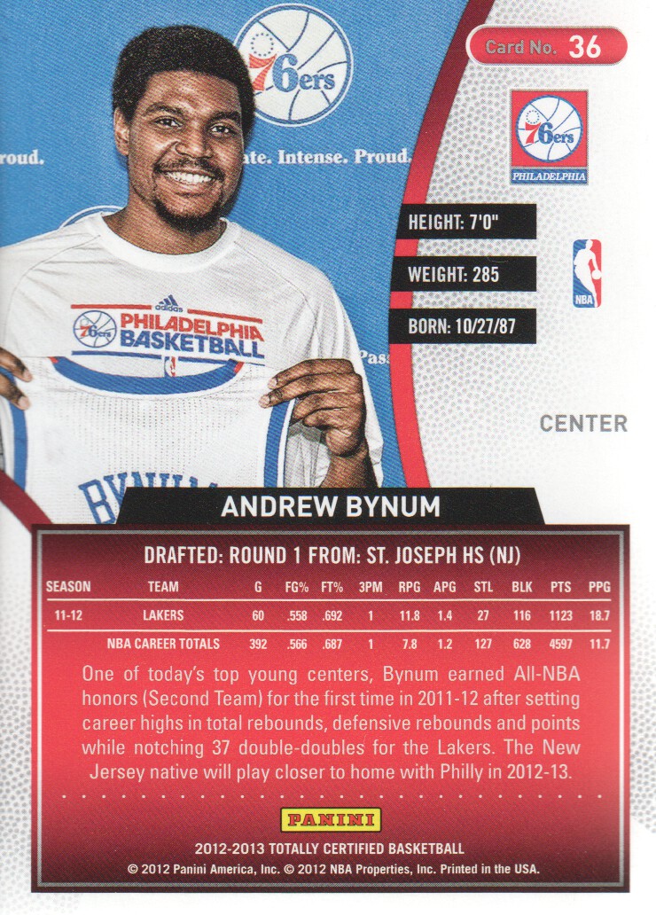 2012-13 Totally Certified #36 Andrew Bynum back image