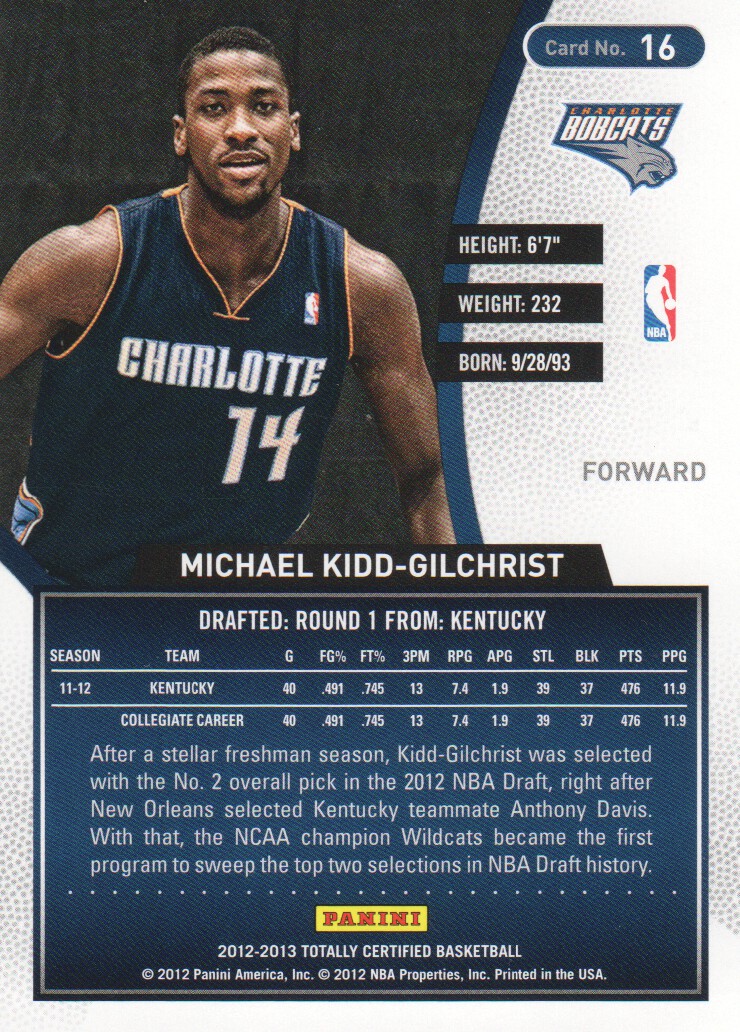 2012-13 Totally Certified Blue #16 Michael Kidd-Gilchrist back image