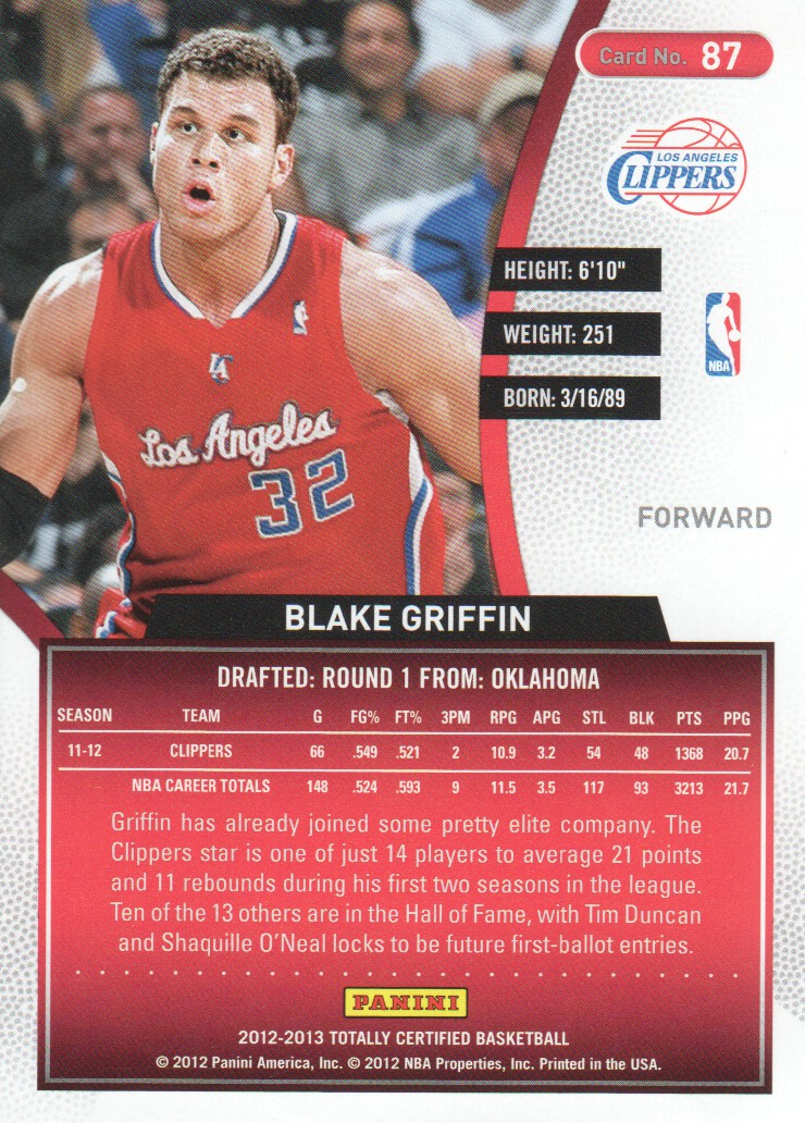 2012-13 Totally Certified Blue #87 Blake Griffin back image