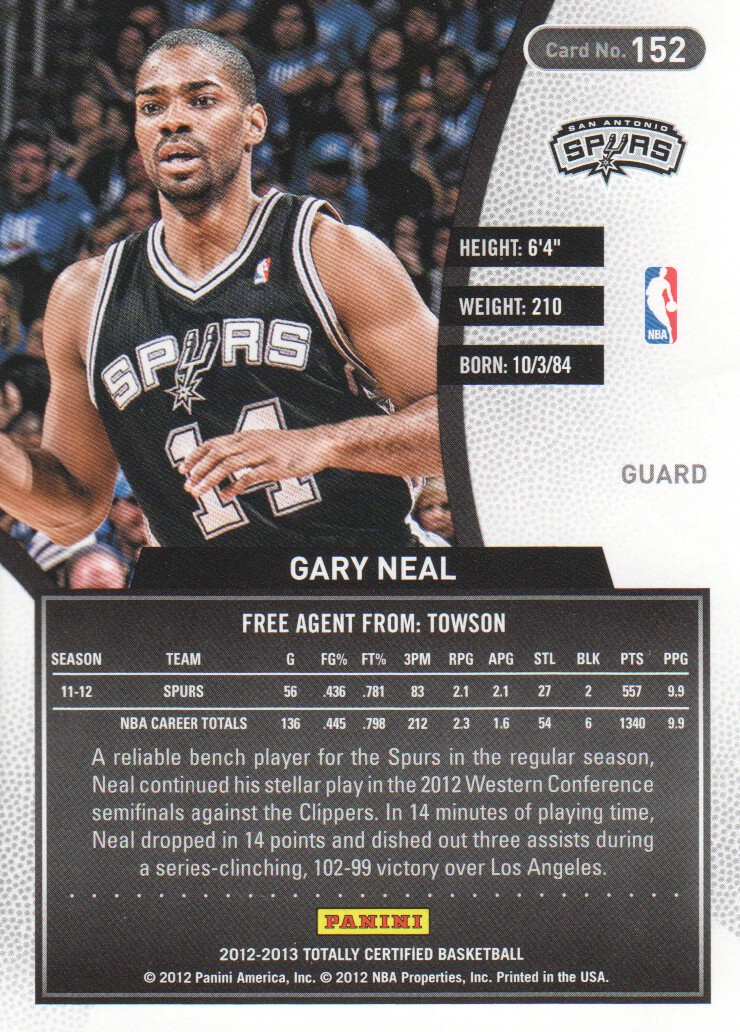 2012-13 Totally Certified Gold #152 Gary Neal back image