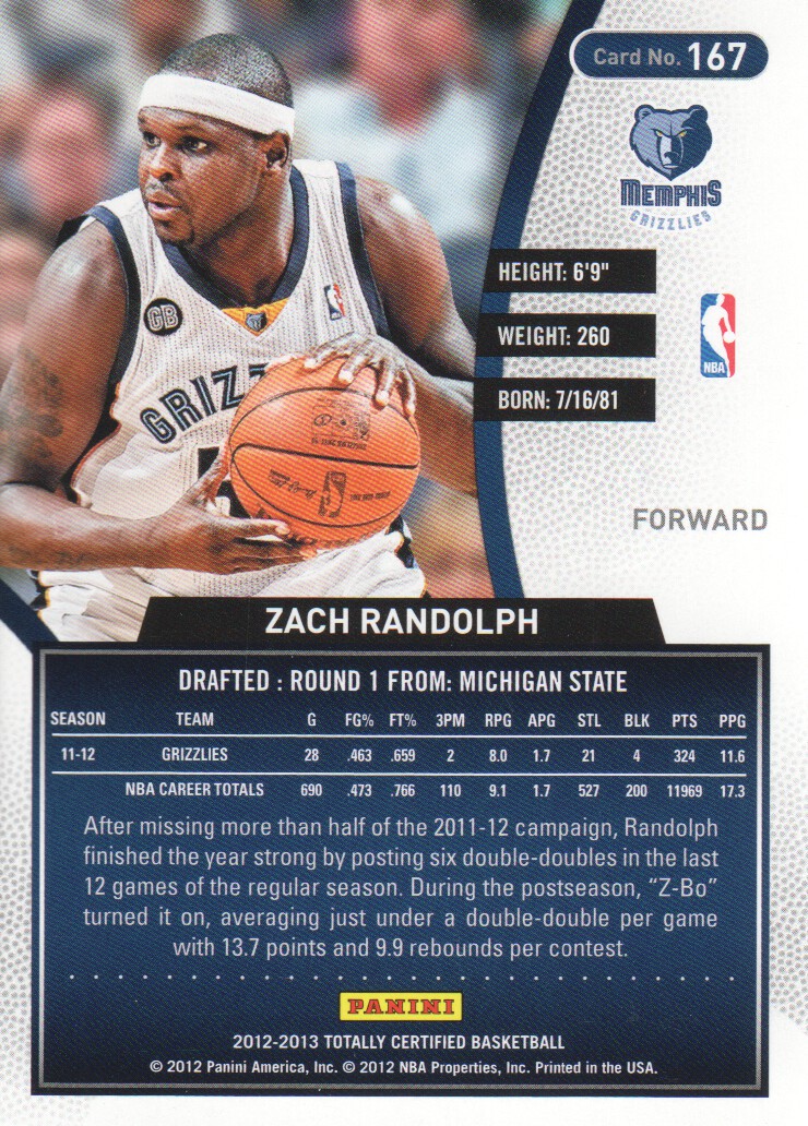 2012-13 Totally Certified Gold #167 Zach Randolph back image