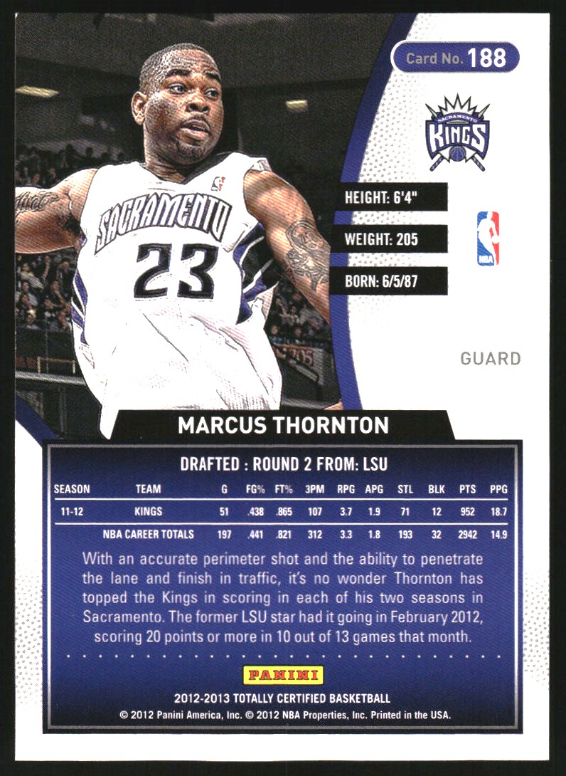 2012-13 Totally Certified Gold #188 Marcus Thornton back image
