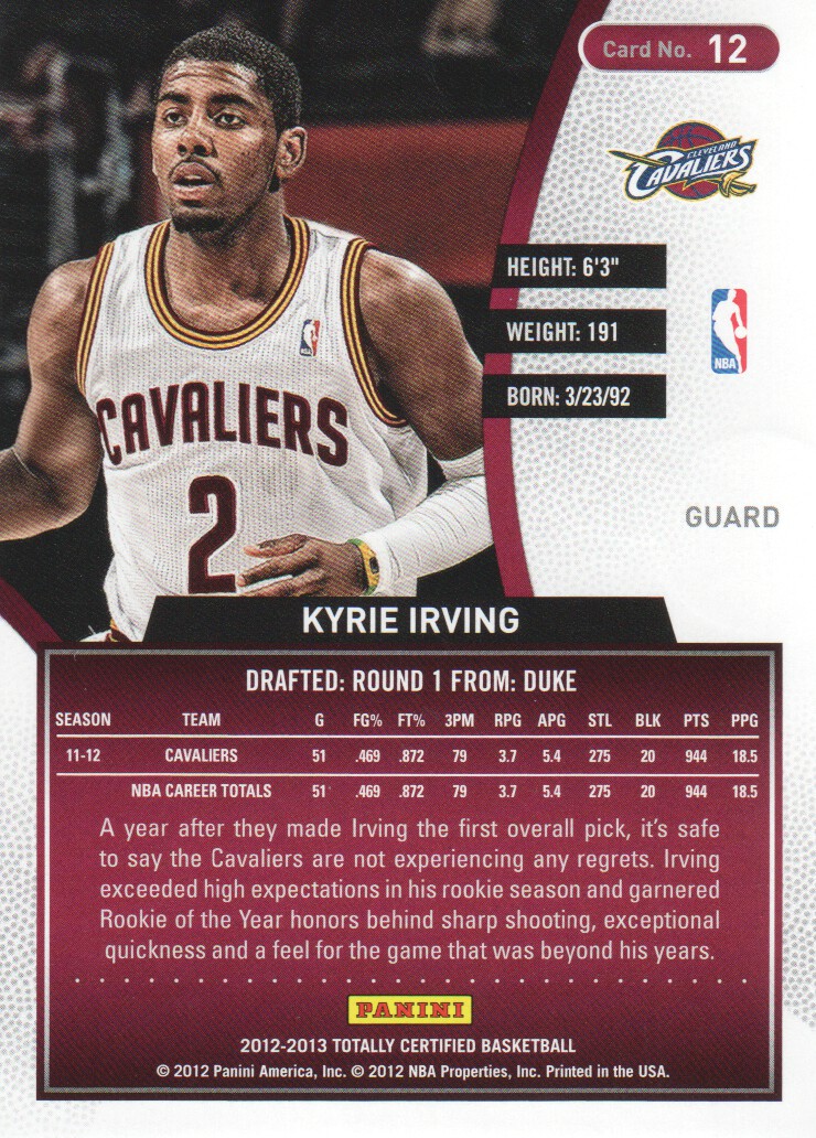 2012-13 Totally Certified Red #12 Kyrie Irving back image