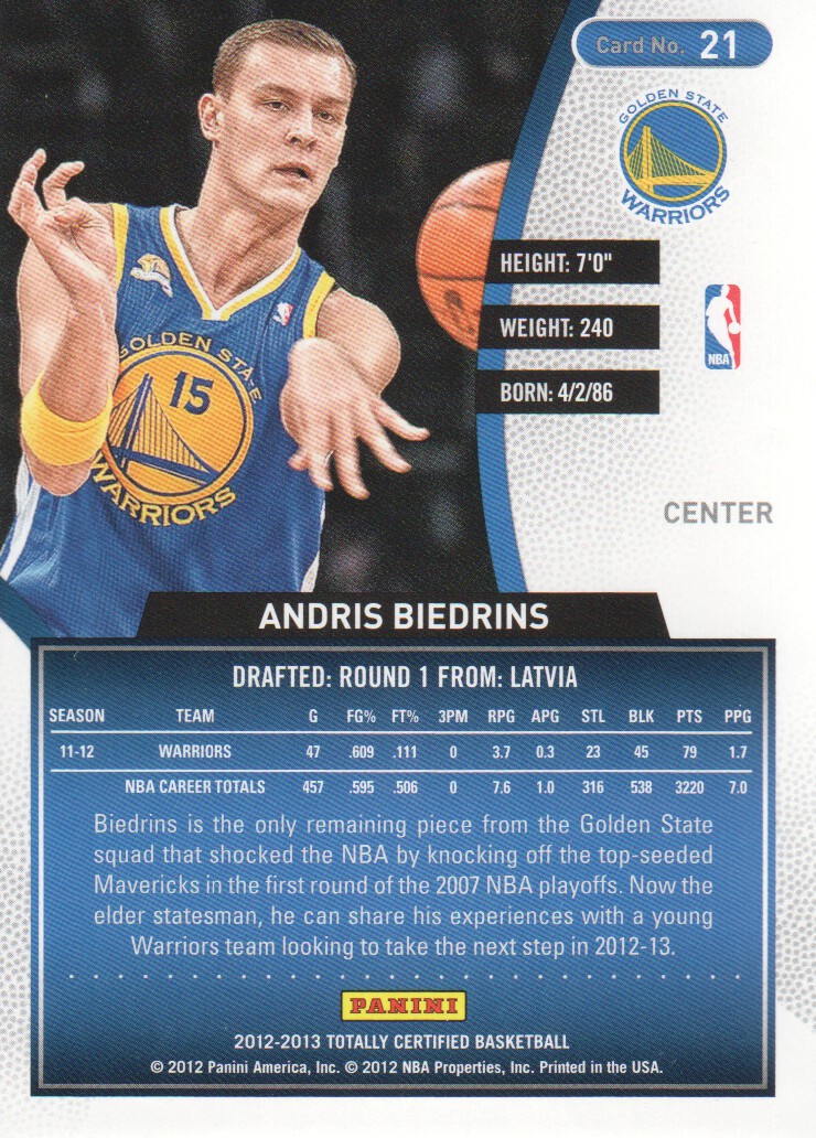 2012-13 Totally Certified Red #21 Andris Biedrins back image