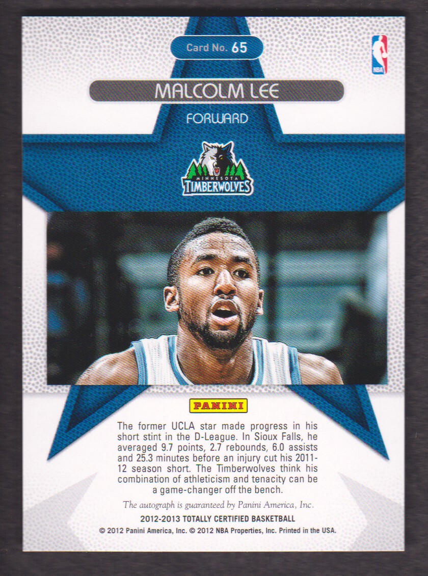 2012-13 Totally Certified Rookie Roll Call Autographs Blue #65 Malcolm Lee/199 back image