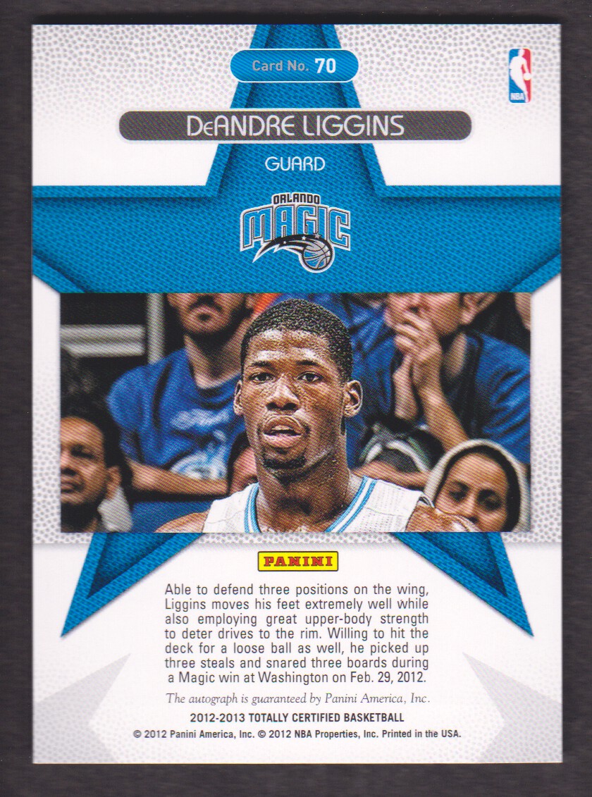 2012-13 Totally Certified Rookie Roll Call Autographs Blue #70 DeAndre Liggins/199 back image