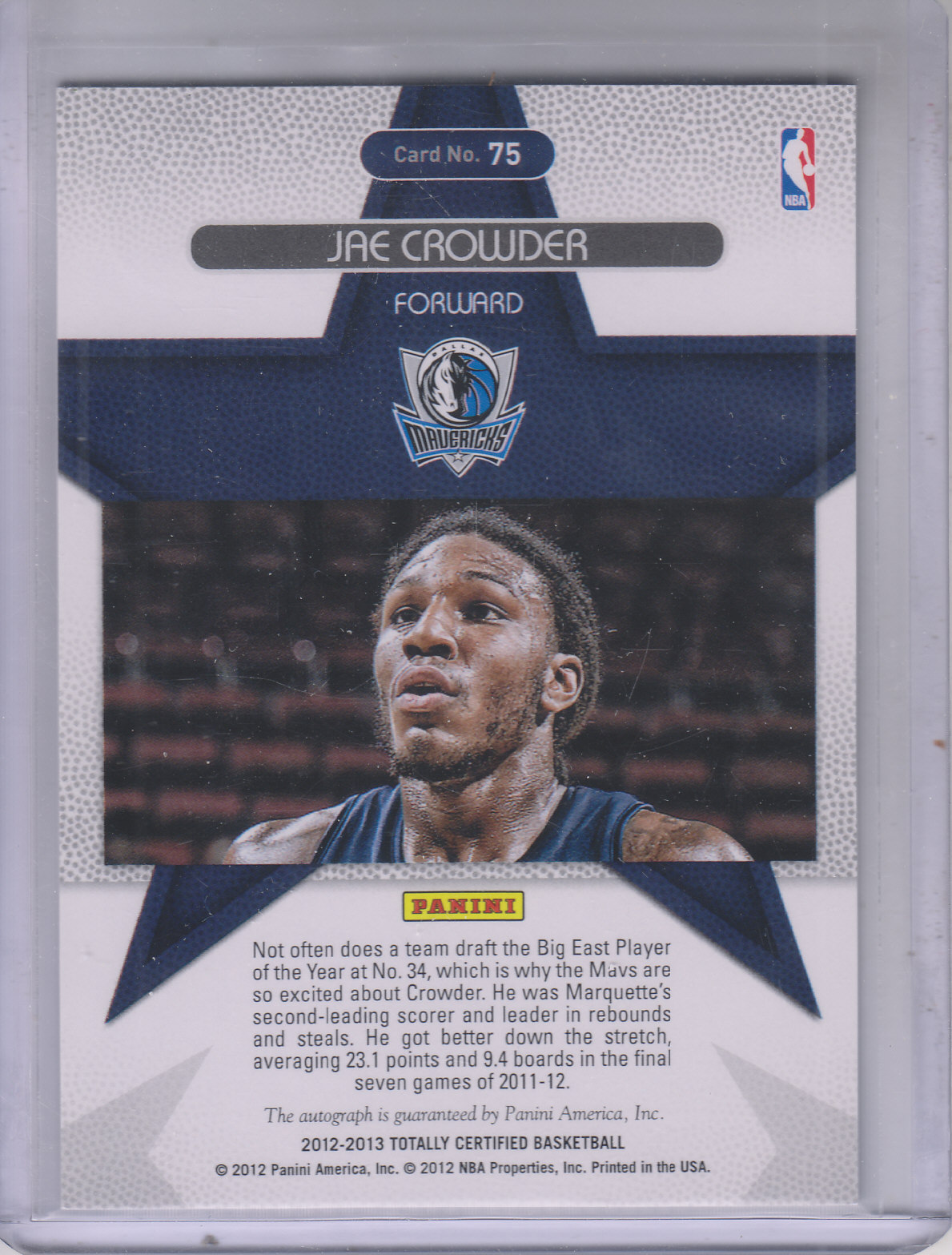 2012-13 Totally Certified Rookie Roll Call Autographs Blue #75 Jae Crowder/199 back image