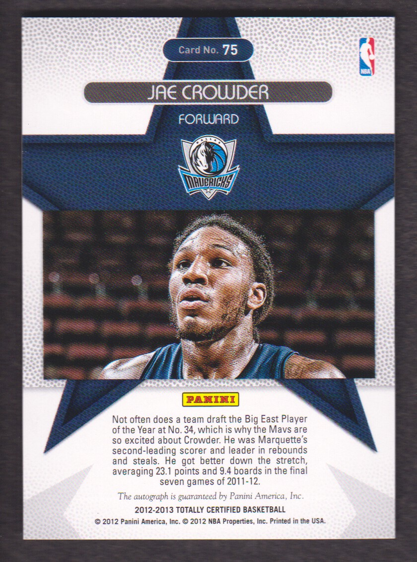 2012-13 Totally Certified Rookie Roll Call Autographs Blue #75 Jae Crowder/199 back image