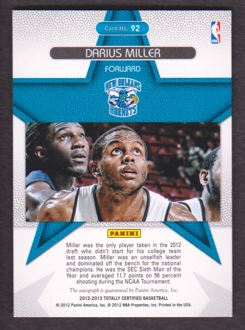 2012-13 Totally Certified Rookie Roll Call Autographs Blue #92 Darius Miller/199 back image