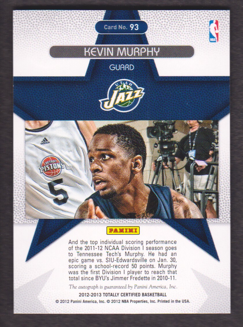 2012-13 Totally Certified Rookie Roll Call Autographs Blue #93 Kevin Murphy/199 back image