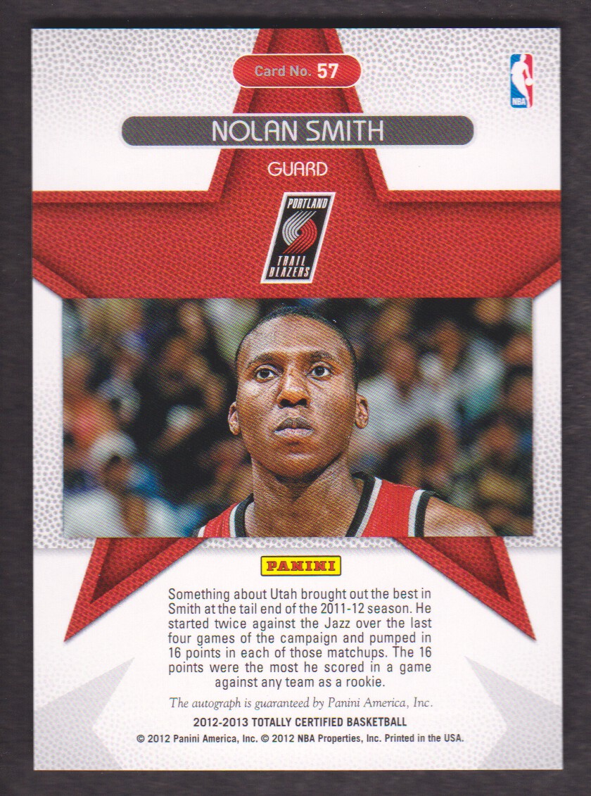 2012-13 Totally Certified Rookie Roll Call Autographs Red #57 Nolan Smith/79 back image