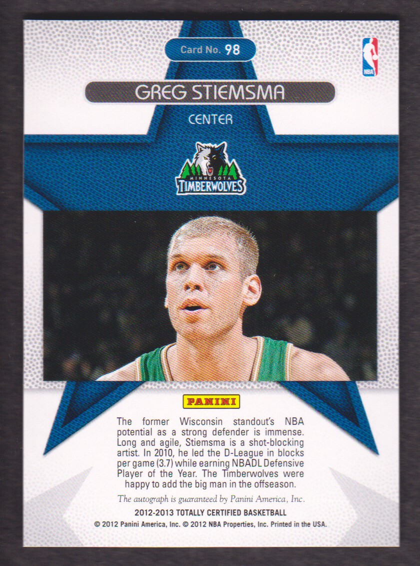 2012-13 Totally Certified Rookie Roll Call Autographs Red #98 Greg Stiemsma/199 back image