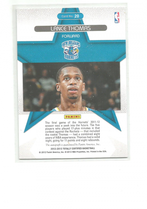 2012-13 Totally Certified Rookie Roll Call Autographs #20 Lance Thomas back image
