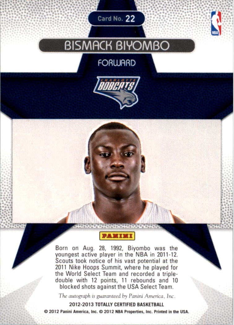 2012-13 Totally Certified Rookie Roll Call Autographs #22 Bismack Biyombo back image