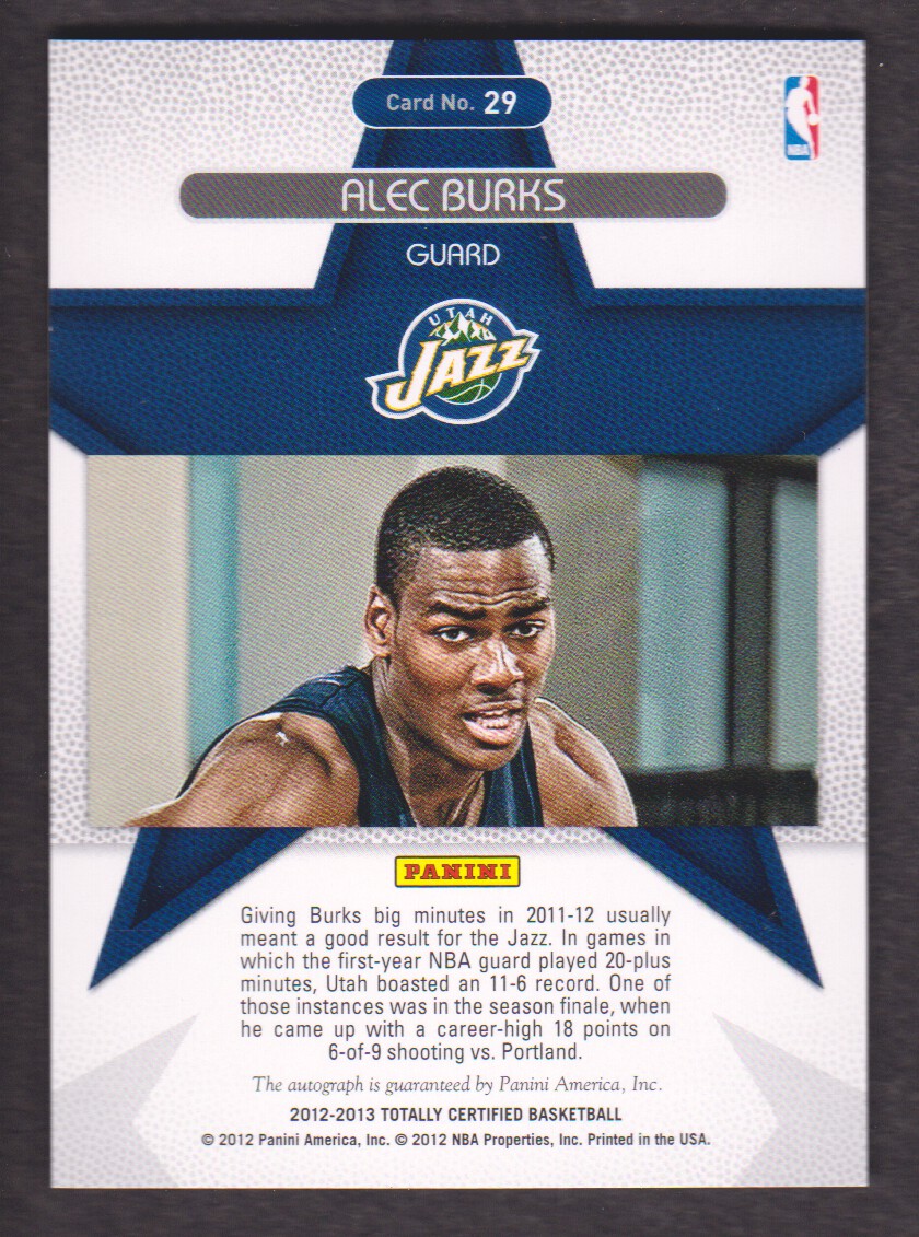 2012-13 Totally Certified Rookie Roll Call Autographs #29 Alec Burks back image