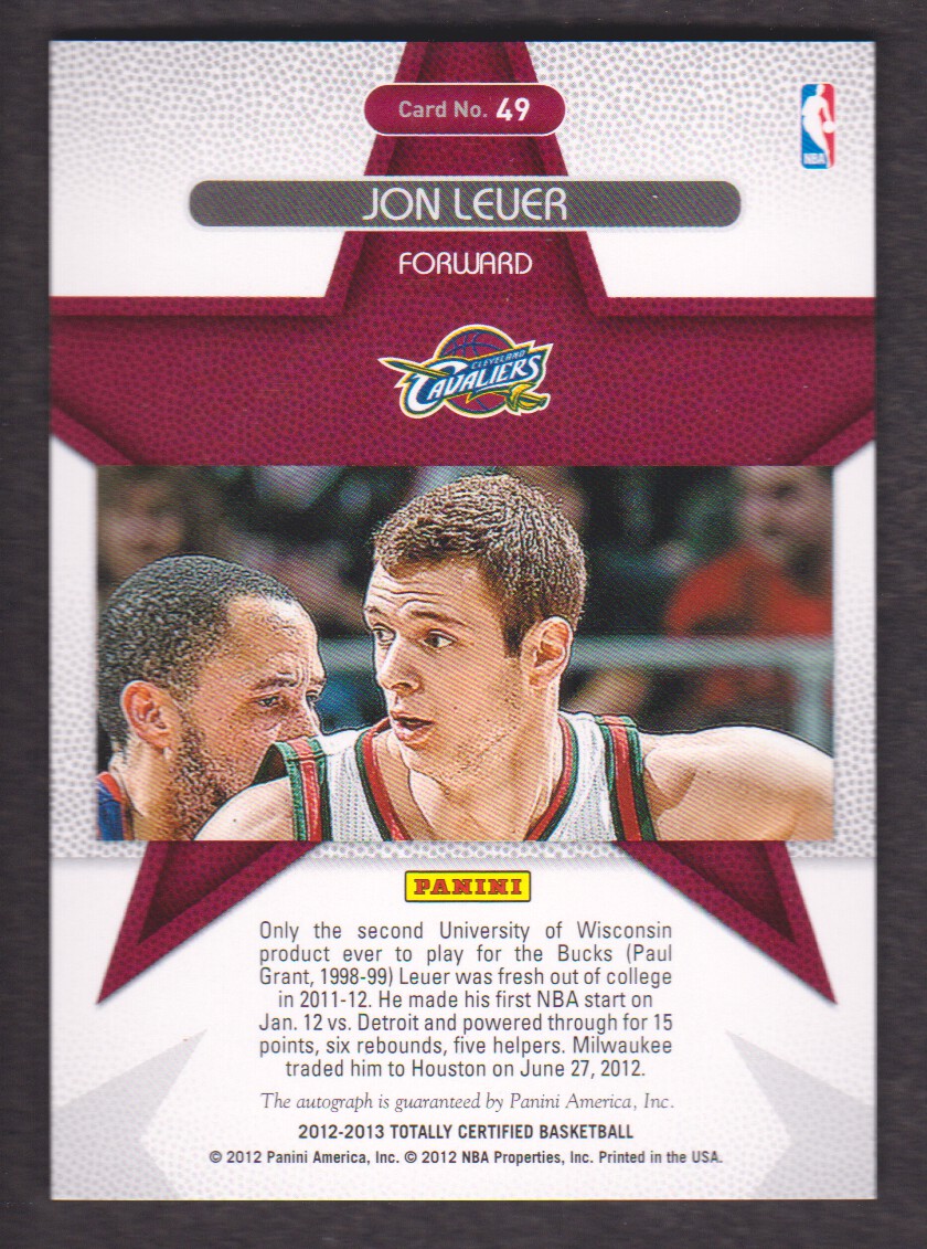 2012-13 Totally Certified Rookie Roll Call Autographs #49 Jon Leuer back image