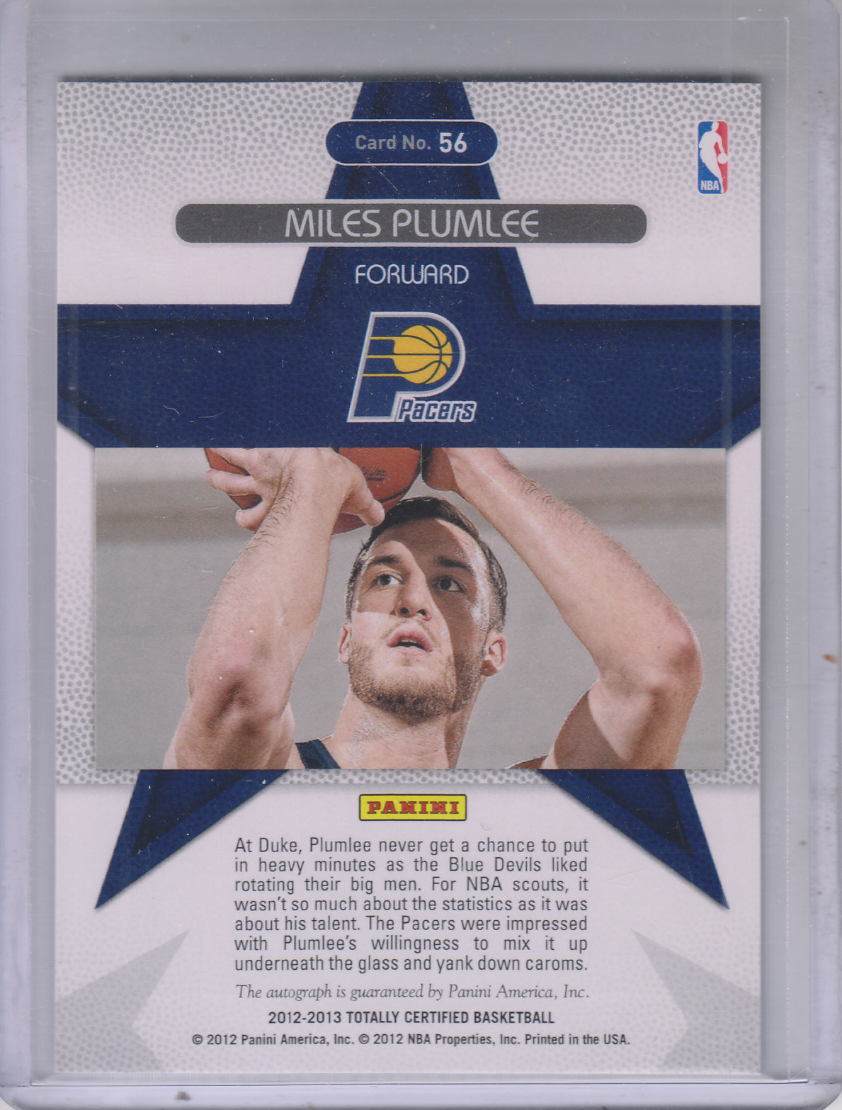 2012-13 Totally Certified Rookie Roll Call Autographs #56 Miles Plumlee back image