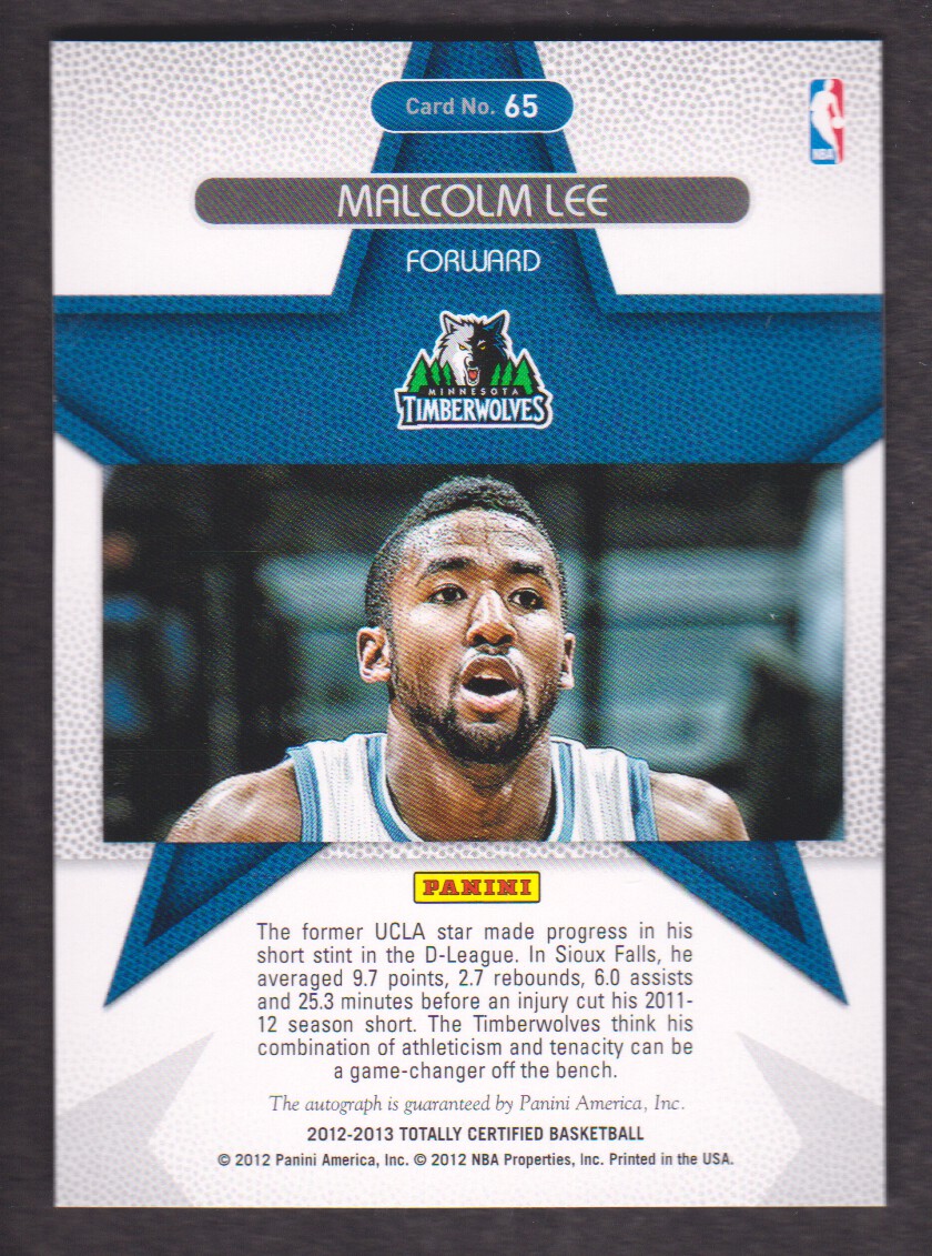 2012-13 Totally Certified Rookie Roll Call Autographs #65 Malcolm Lee back image