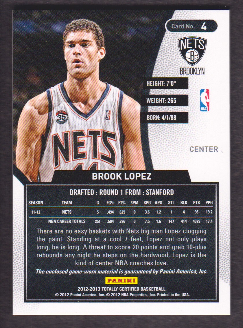 2012-13 Totally Certified Blue Materials #4 Brook Lopez/99 back image