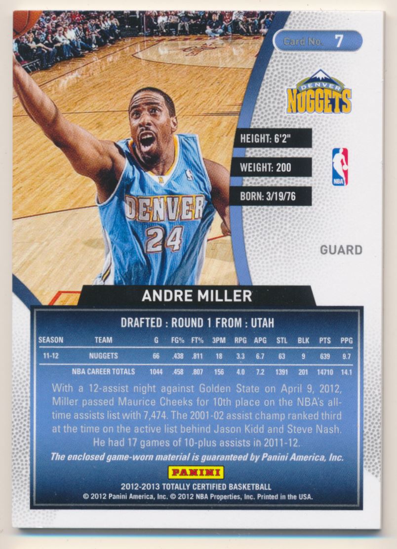 2012-13 Totally Certified Blue Materials #7 Andre Miller/99 back image