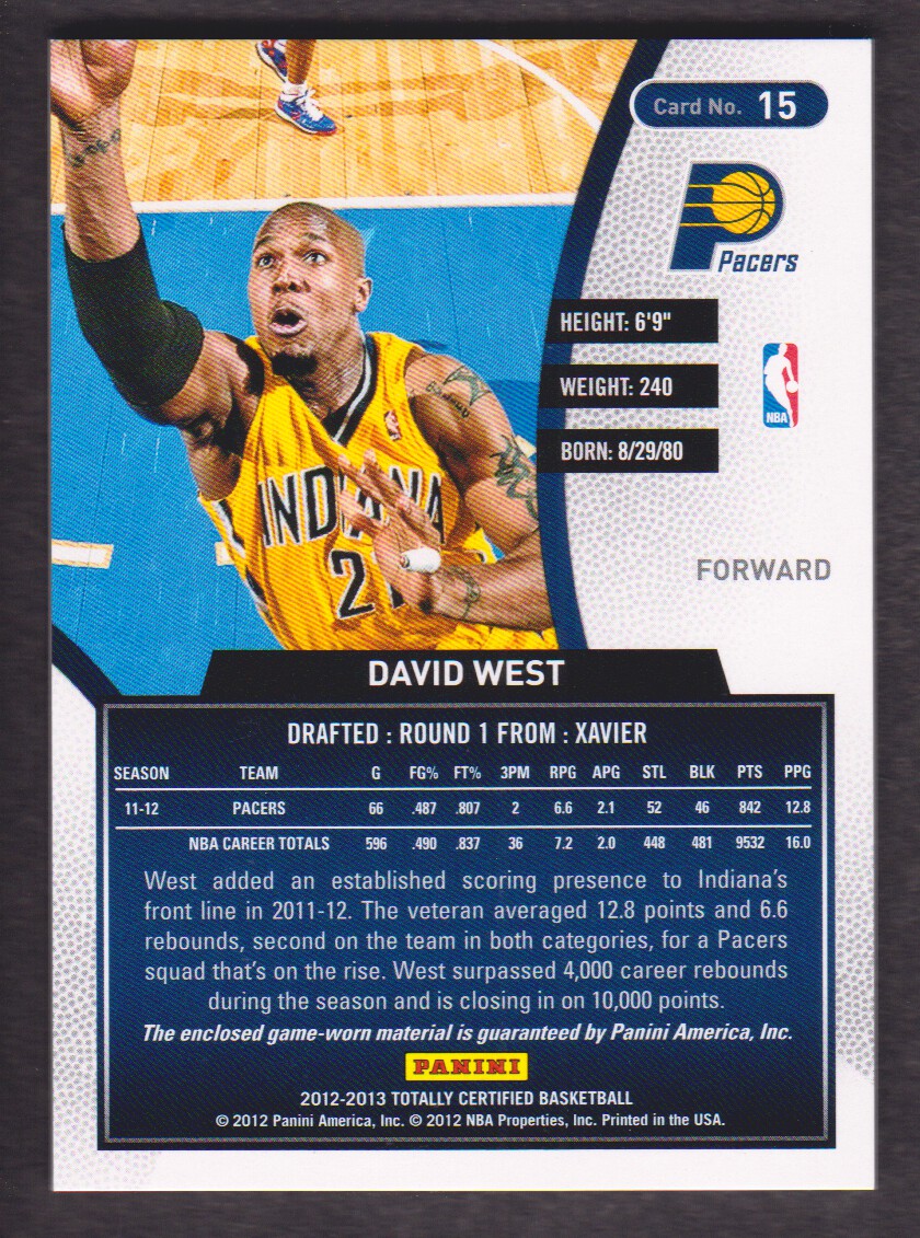 2012-13 Totally Certified Blue Materials #15 David West/99 back image