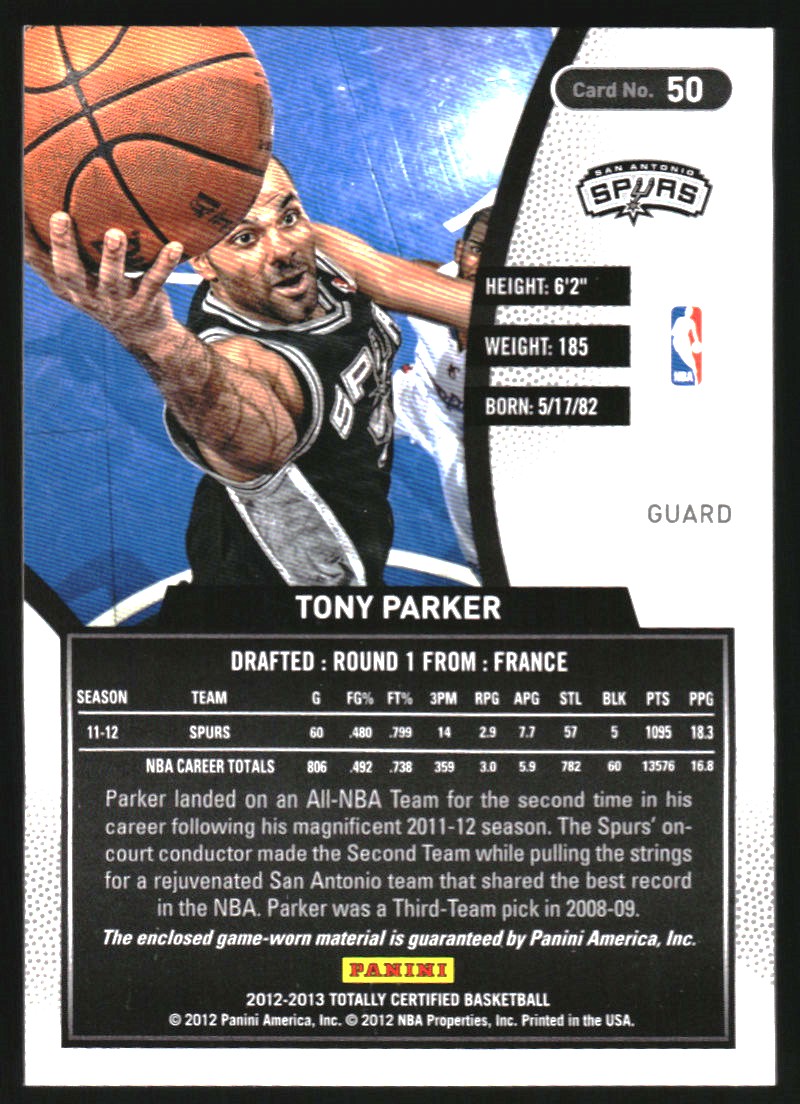2012-13 Totally Certified Blue Materials #50 Tony Parker/99 back image
