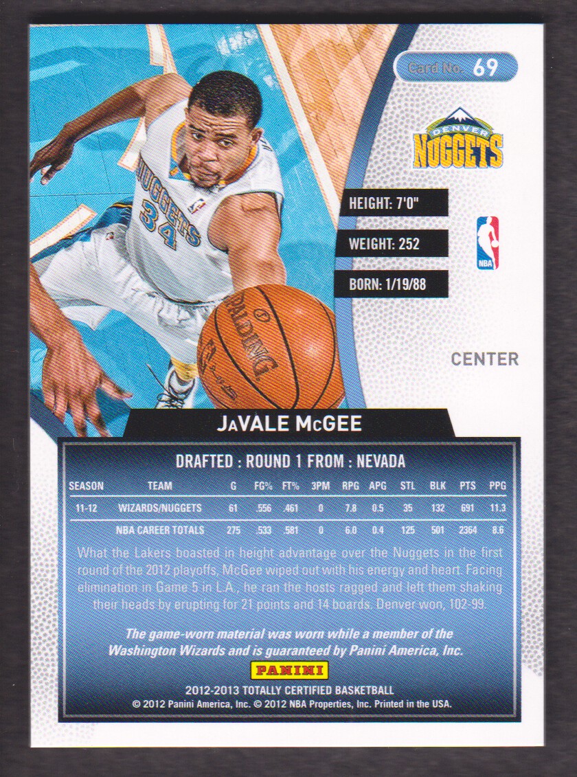 2012-13 Totally Certified Blue Materials #69 JaVale McGee/99 back image