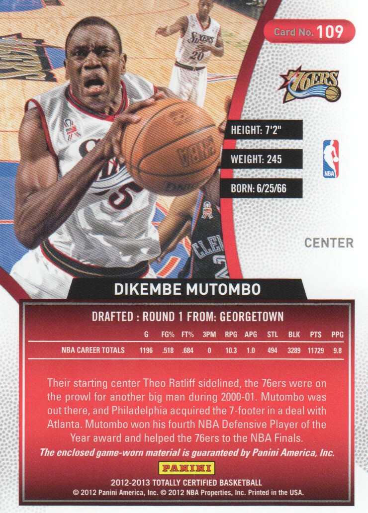 2012-13 Totally Certified Blue Materials #109 Dikembe Mutombo/99 back image