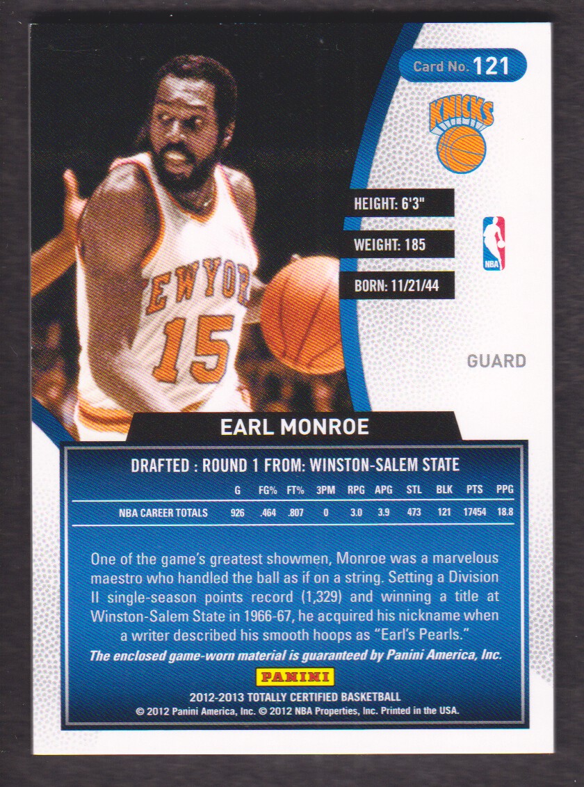 2012-13 Totally Certified Blue Materials #121 Earl Monroe/99 back image