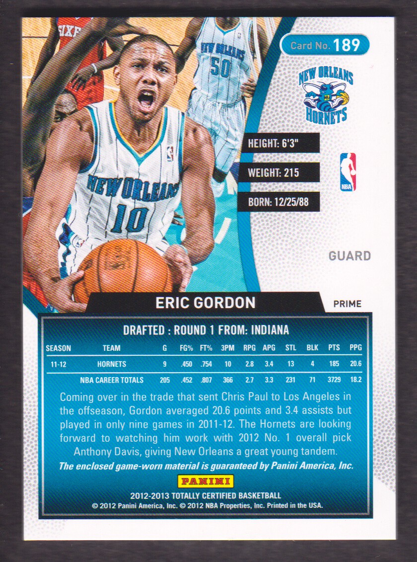 2012-13 Totally Certified Blue Materials Prime #189 Eric Gordon/25 back image