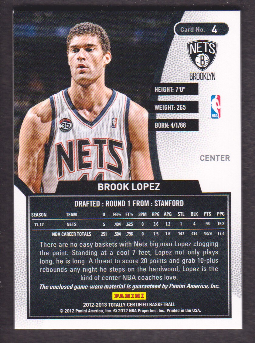 2012-13 Totally Certified Red Materials #4 Brook Lopez back image