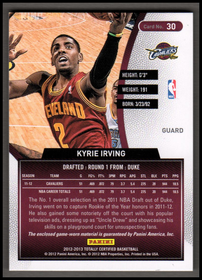 2012-13 Totally Certified Red Materials #30 Kyrie Irving back image