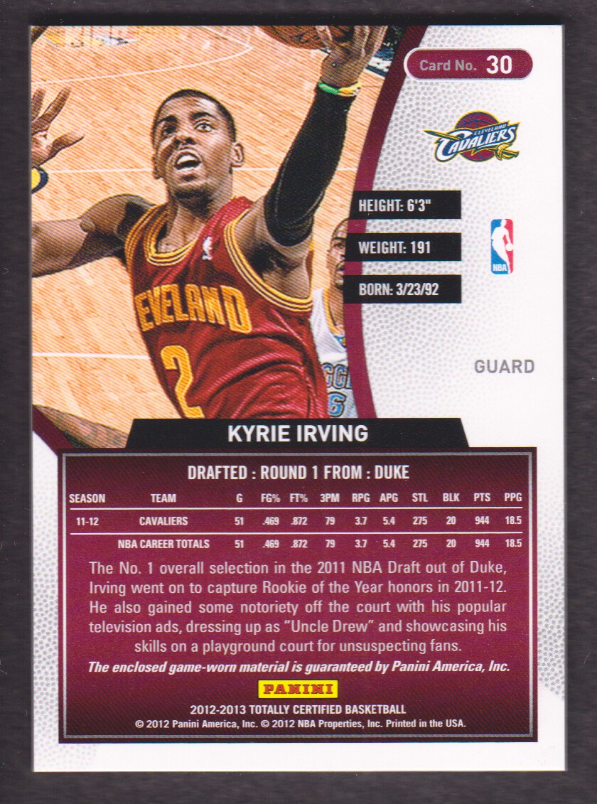 2012-13 Totally Certified Red Materials #30 Kyrie Irving back image