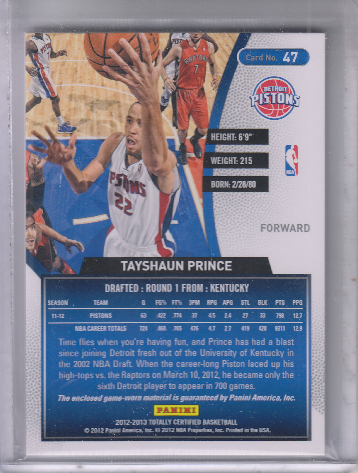 2012-13 Totally Certified Red Materials #47 Tayshaun Prince back image