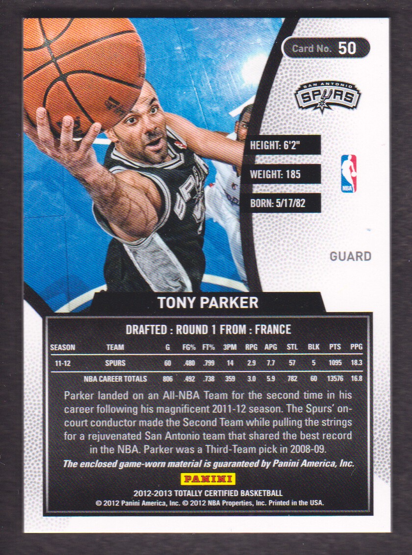 2012-13 Totally Certified Red Materials #50 Tony Parker back image