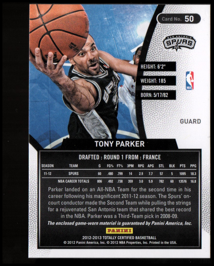 2012-13 Totally Certified Red Materials #50 Tony Parker back image