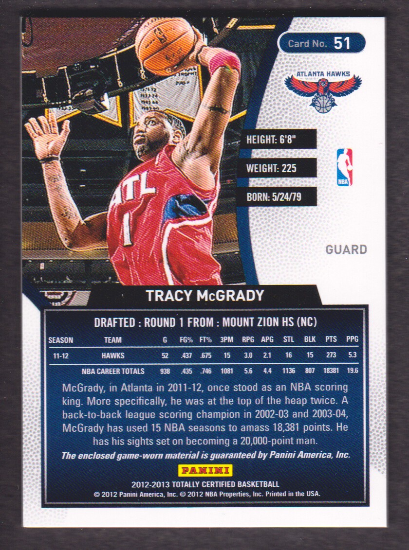 2012-13 Totally Certified Red Materials #51 Tracy McGrady back image