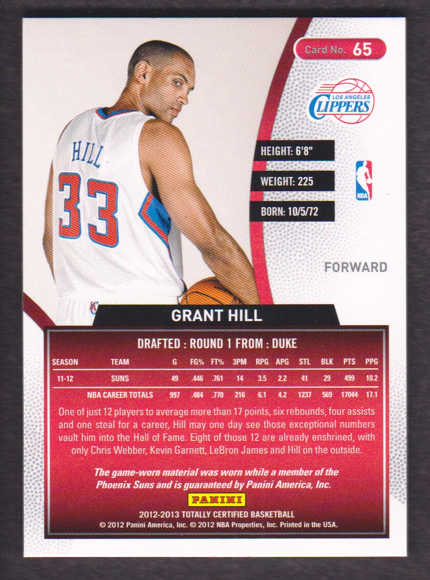 2012-13 Totally Certified Red Materials #65 Grant Hill back image