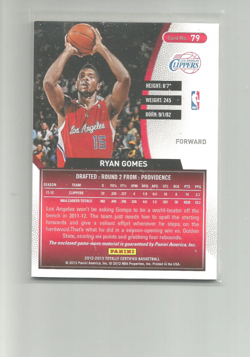 2012-13 Totally Certified Red Materials #79 Ryan Gomes back image