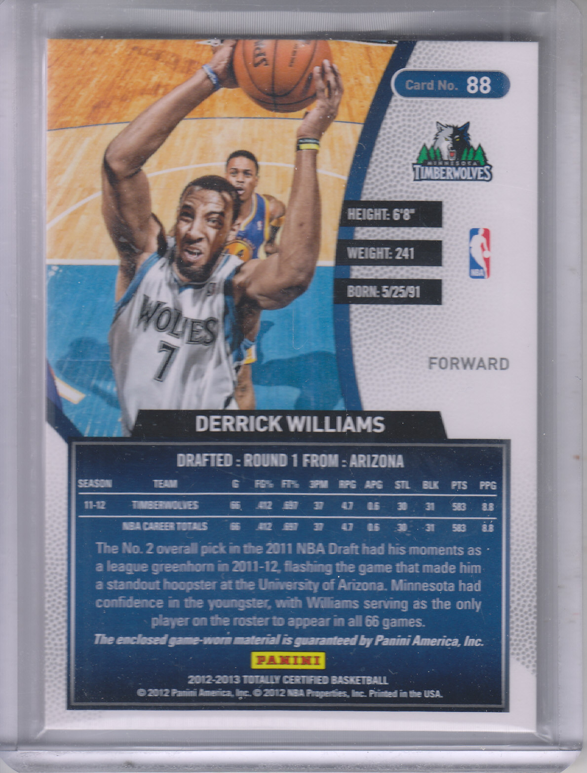 2012-13 Totally Certified Red Materials #88 Derrick Williams back image