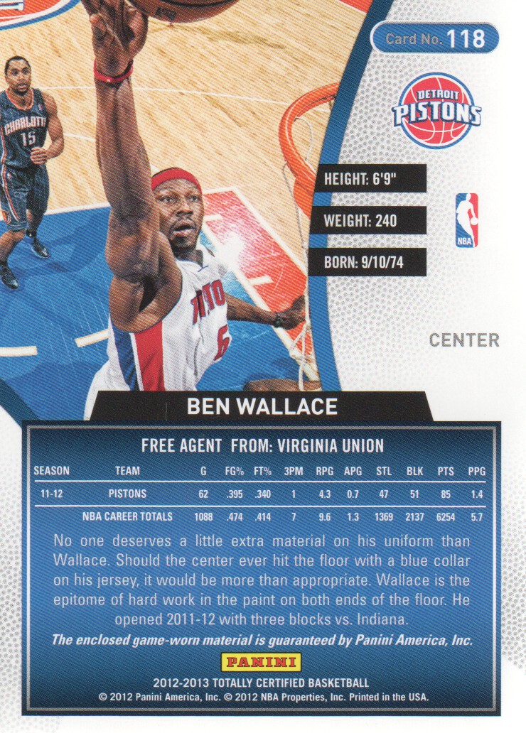 2012-13 Totally Certified Red Materials #118 Ben Wallace back image