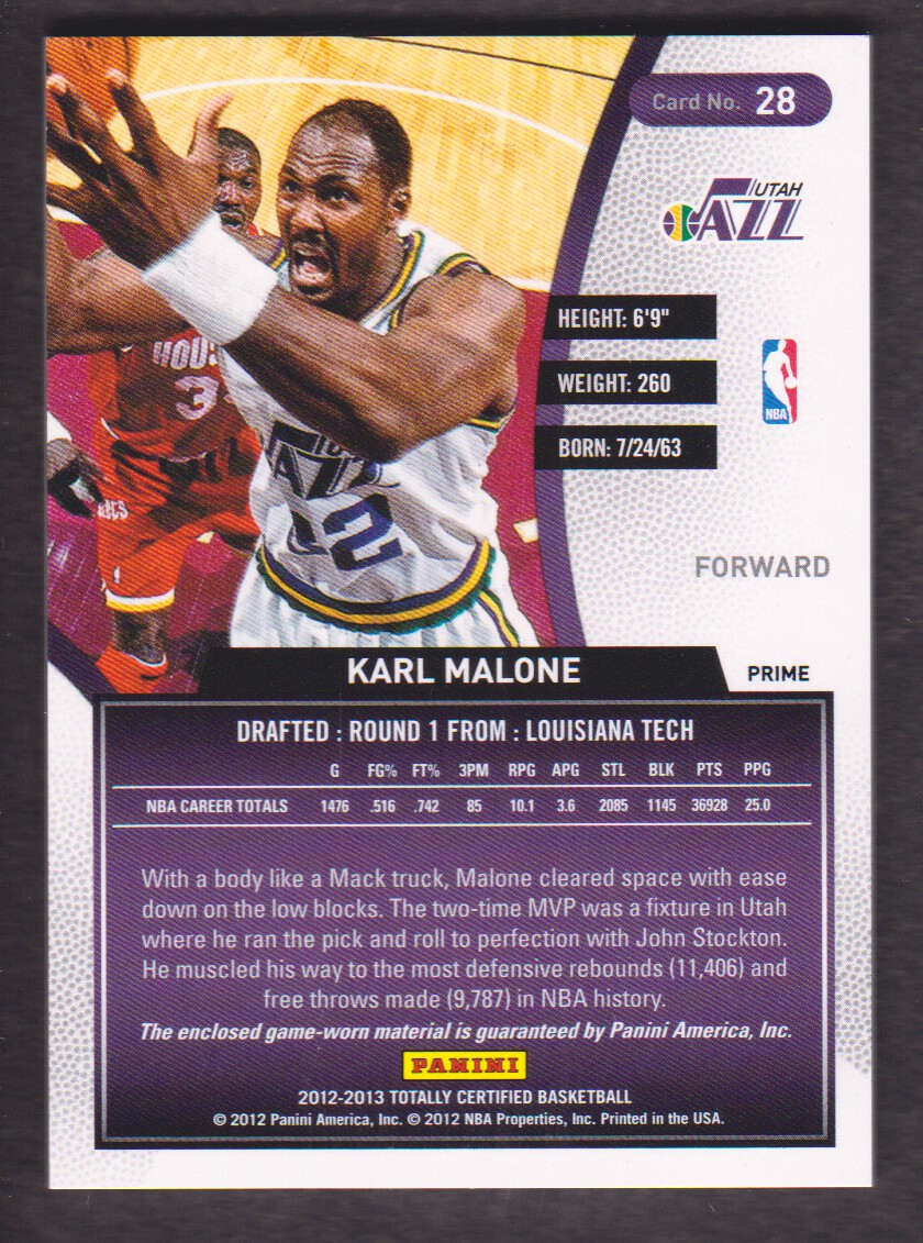 2012-13 Totally Certified Red Materials Prime #28 Karl Malone back image