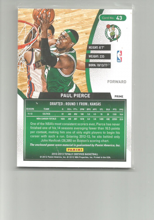 2012-13 Totally Certified Red Materials Prime #43 Paul Pierce back image