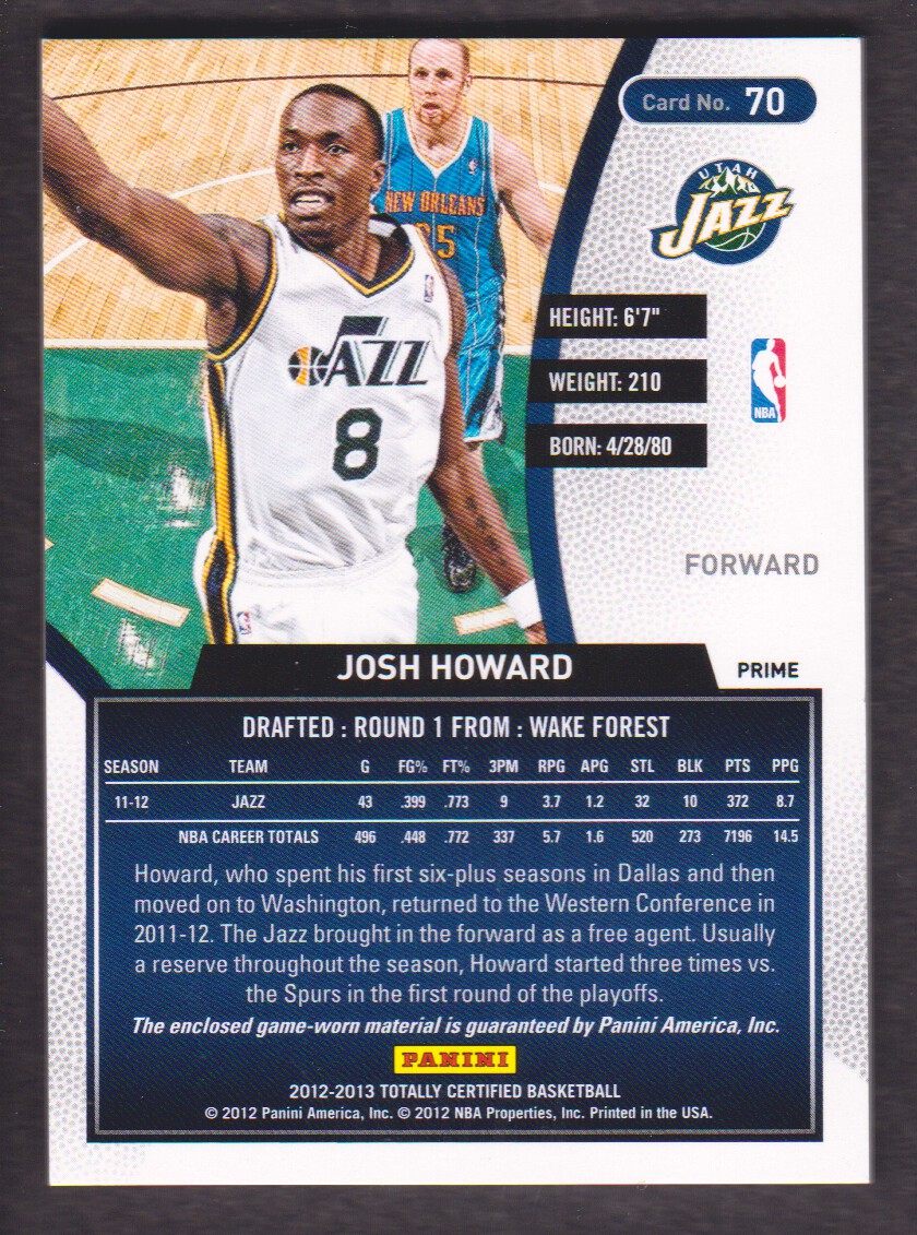 2012-13 Totally Certified Red Materials Prime #70 Josh Howard back image