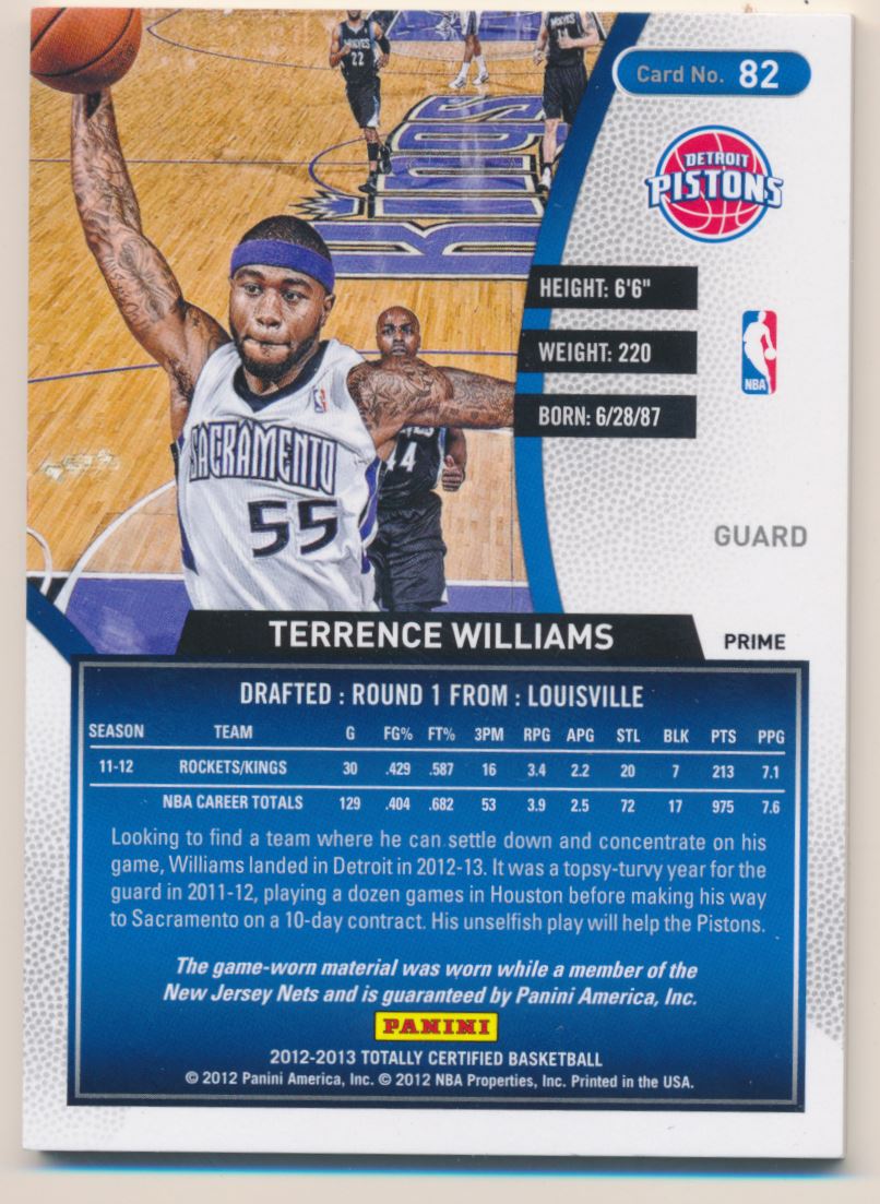 2012-13 Totally Certified Red Materials Prime #82 Terrence Williams back image