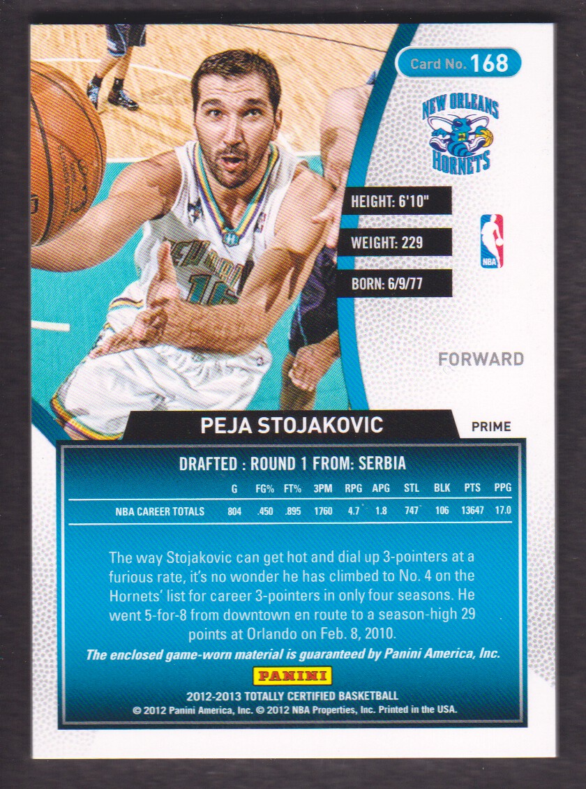 2012-13 Totally Certified Red Materials Prime #168 Peja Stojakovic back image